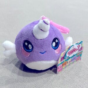 NWT Squeezamals Nellie The Narwhal 3.5 Inches Purple Plush Violet Toy Keychain !